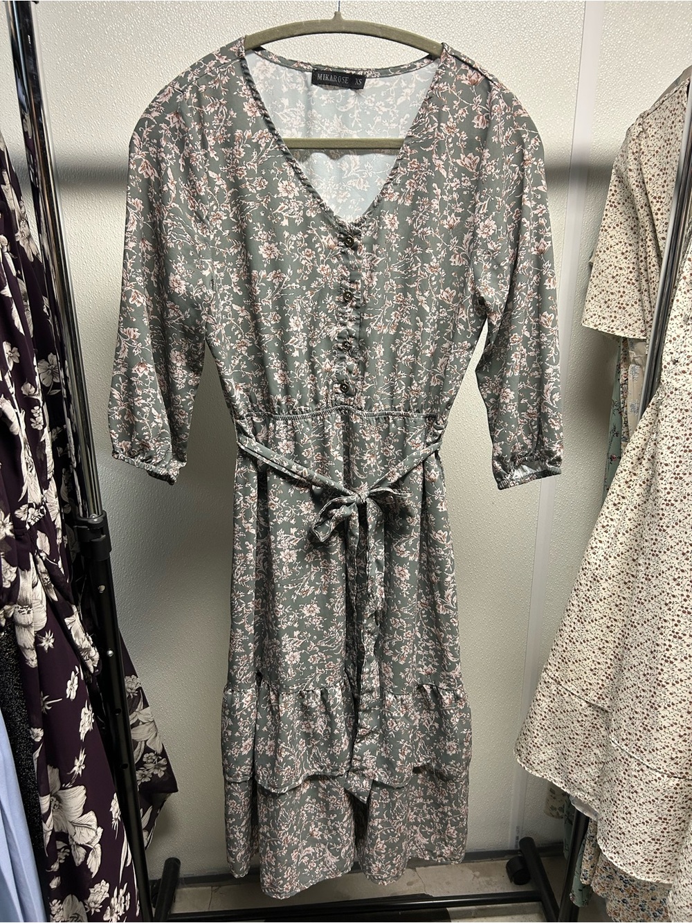 Mikarose Sage Green Midi Dress with Pink Floral Print